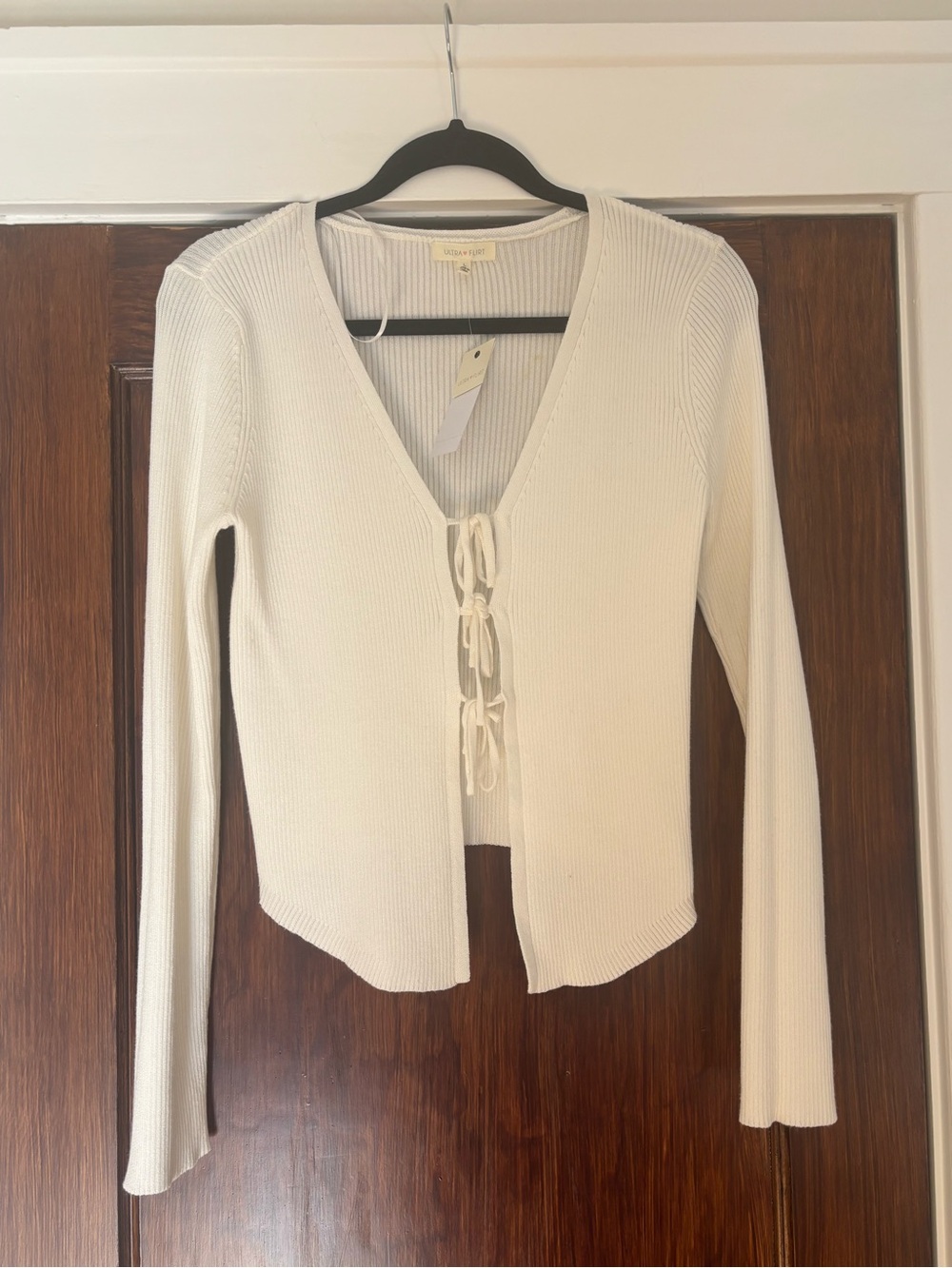 Cream Ribbed V‑Neck Tie Front Sweater